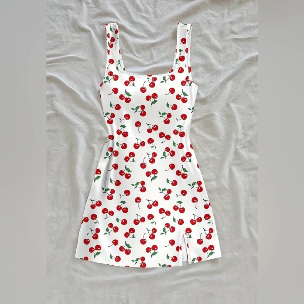 Cherry-Print Sleeveless Tank Dress — White with Red Cherries